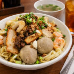 Semangkuk Bakmi Singkawang dengan topping udang, bakso, daging cincang, daun bawang, dan es teh
