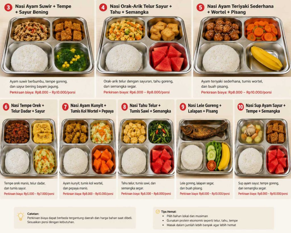 Berbagai menu MBG sederhana dan murah dalam wadah ompreng stainless steel, terdiri dari nasi putih, ayam, telur, tahu, tempe, ikan, sayuran, sup, dan buah