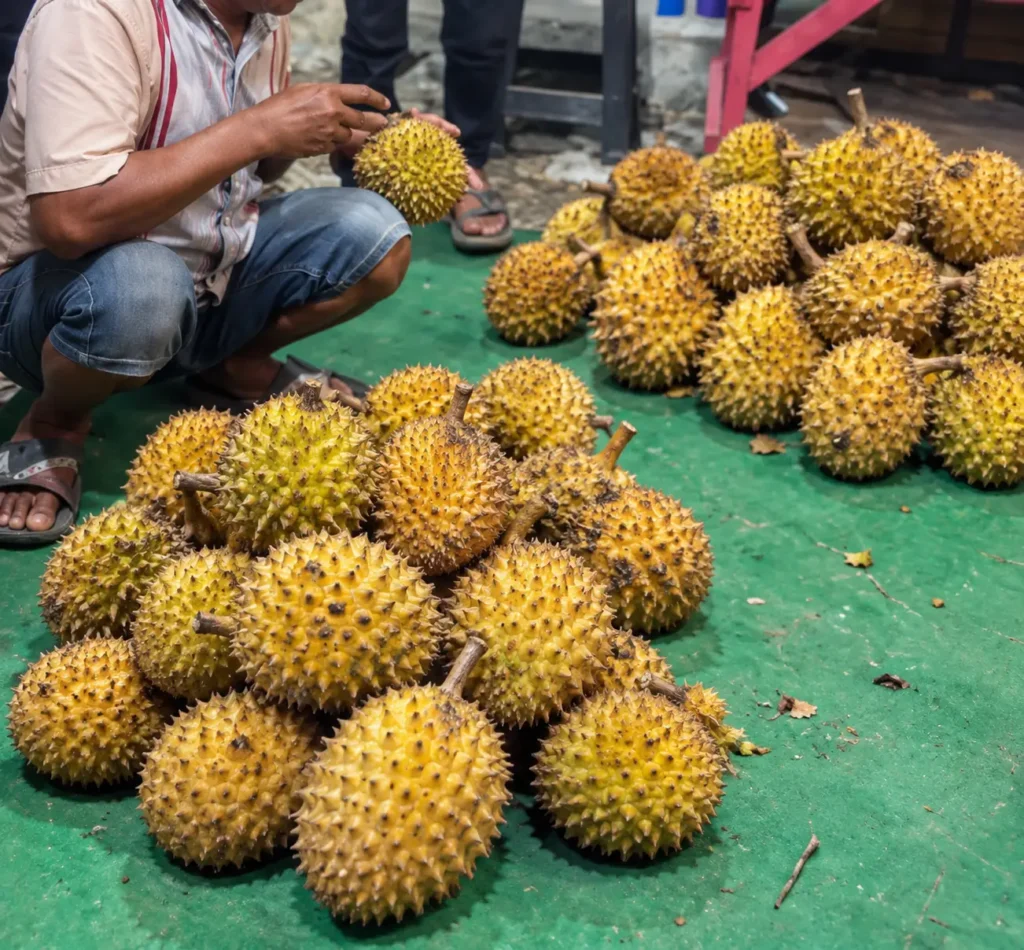 Buah Lai atau Durian Lai berwarna kuning kecokelatan dijual di pasar