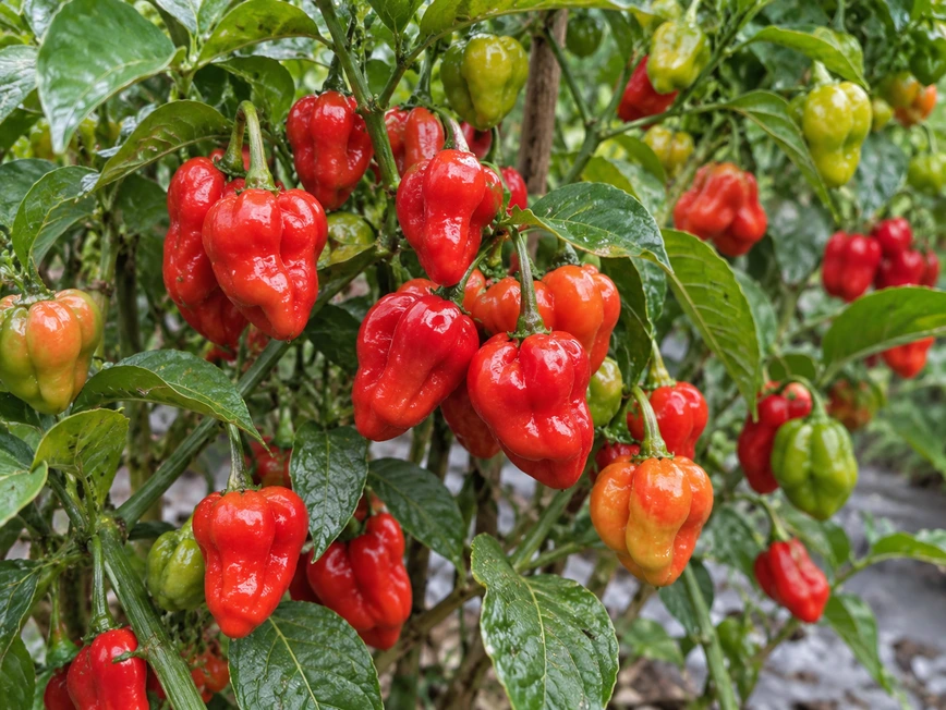 Cabai Katokkon merah yang tumbuh di tanaman dengan beberapa buah masih berwarna hijau dan oranye