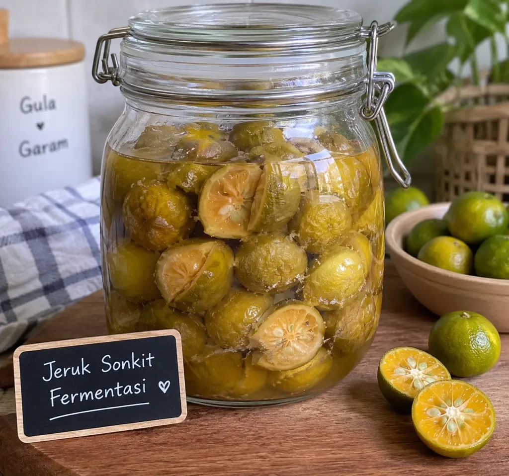Jeruk sonkit fermentasi dalam stoples kaca dengan larutan gula dan garam, bahan utama untuk membuat Nammong khas Singkawang.