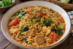 Mie nyemek sederhana dengan telur, sawi, tomat, dan daun bawang