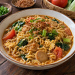 Mie nyemek sederhana dengan telur, sawi, tomat, dan daun bawang