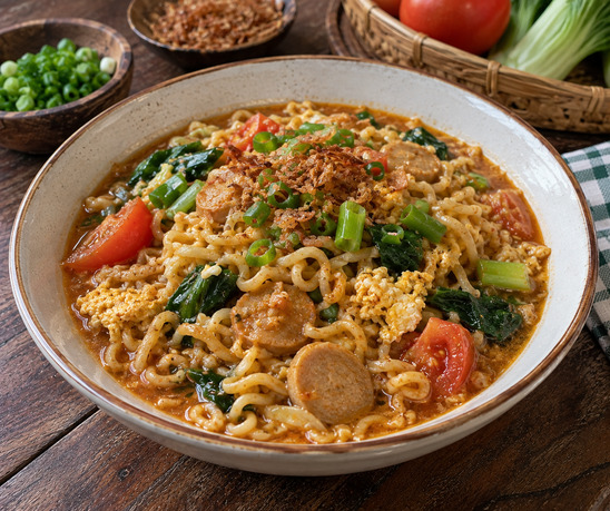 Mie nyemek sederhana dengan telur, sawi, tomat, dan daun bawang