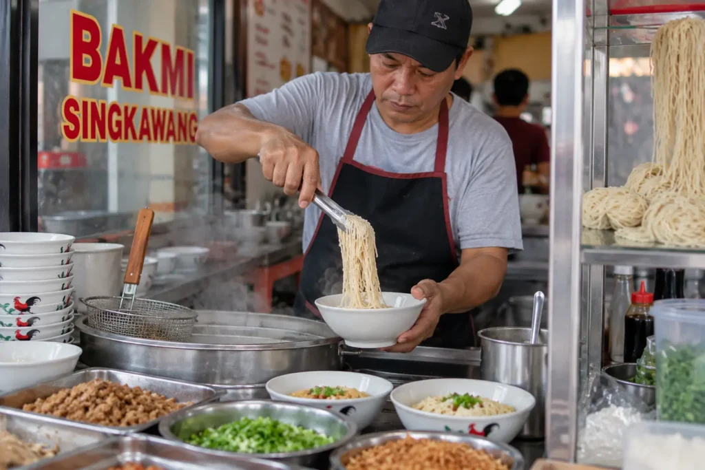 Penjual Bakmi Singkawang sedang menyajikan mi ke dalam mangkuk di warung bakmi