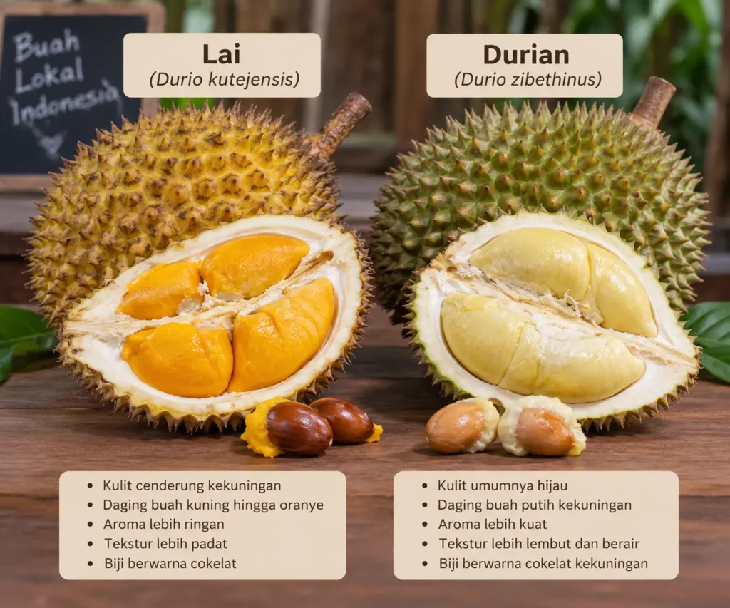 Perbandingan buah Lai dan durian berdasarkan warna kulit, daging buah, tekstur, aroma, dan biji