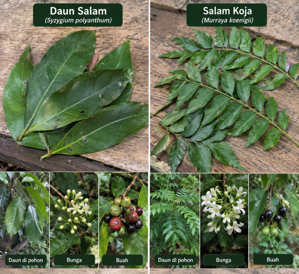 Perbedaan daun salam dan salam koja dari bentuk daun, bunga, dan buah