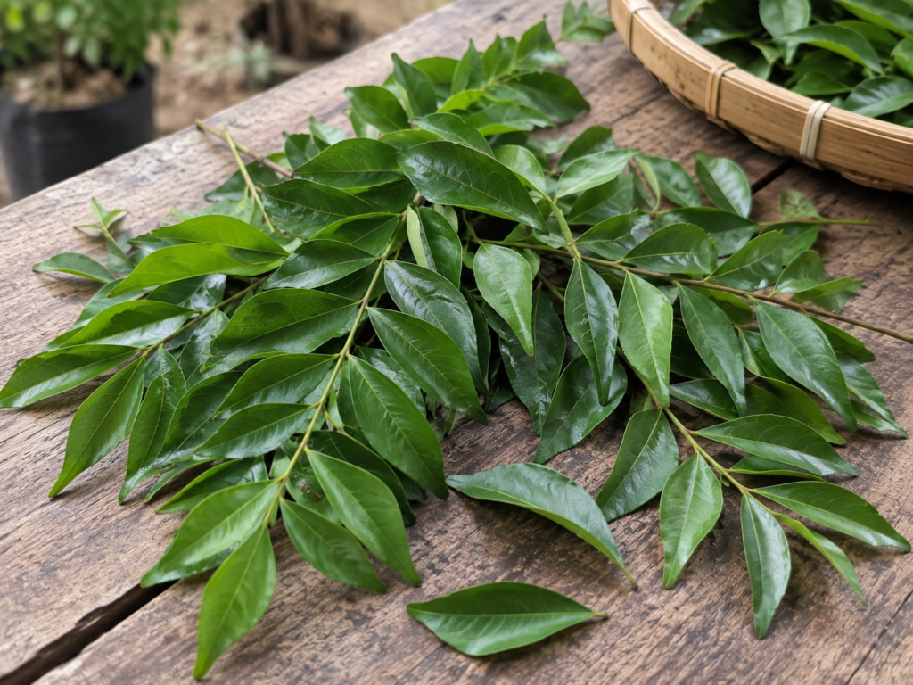 Daun salam koja atau daun kari segar dengan banyak anak daun