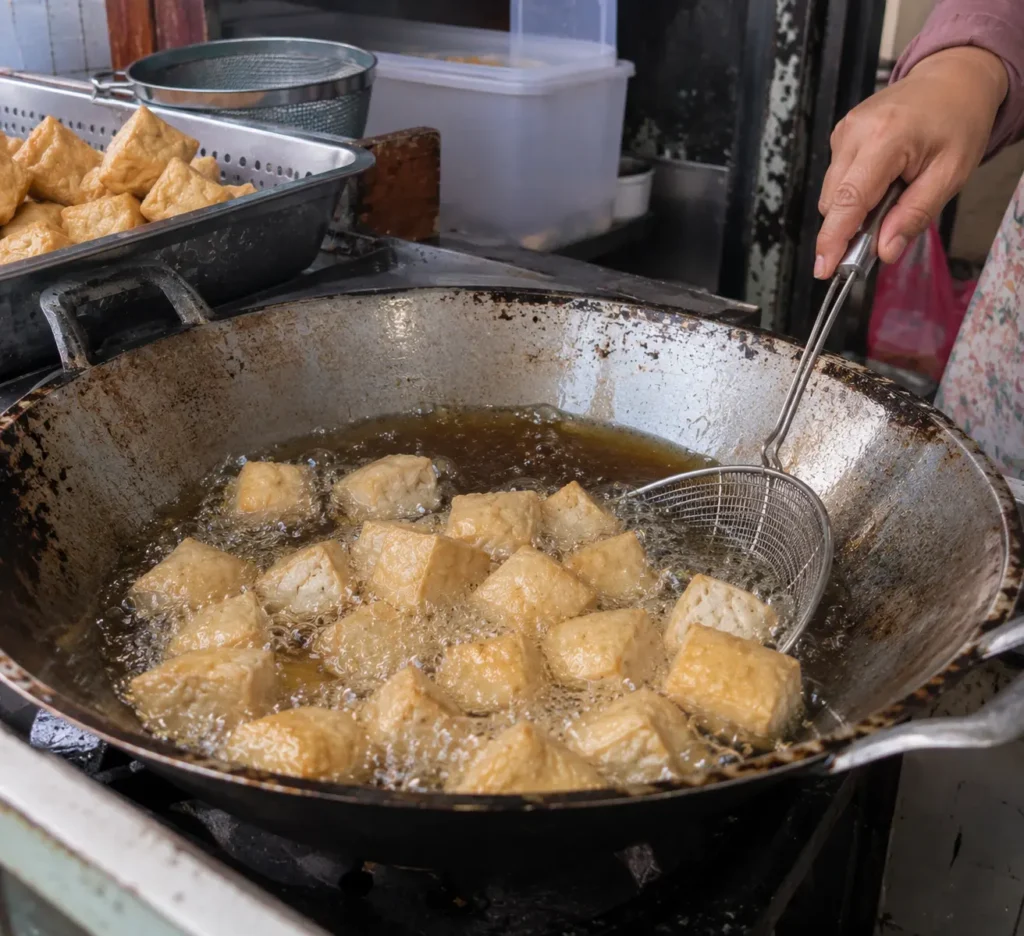 Proses menggoreng tahu untuk membuat tahu kocek