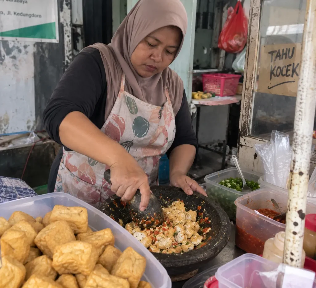 Ibu sedang membuat tahu kocek dengan bumbu cabai dan tahu goreng